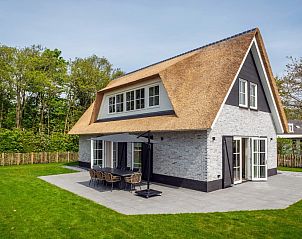 Ferienpark So What in De Koog, Texel: luxurises Ferienhaus mit Reetdach und groer Terrasse, umgeben von grner Natur.